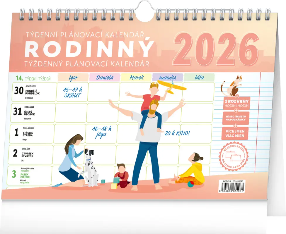 NOTIQUE Týdenní rodinný plánovací kalendář s háčkem 2026, 30 x 21 cm