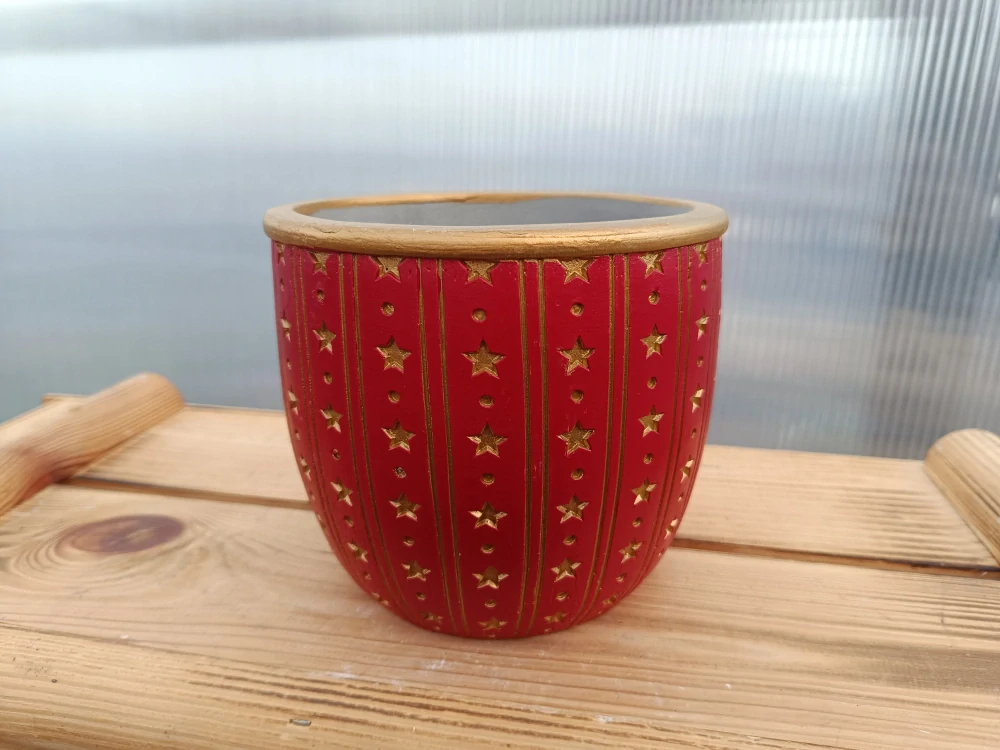 Květináč keramický - červeno-zlatý s hvězdičkami 14cm