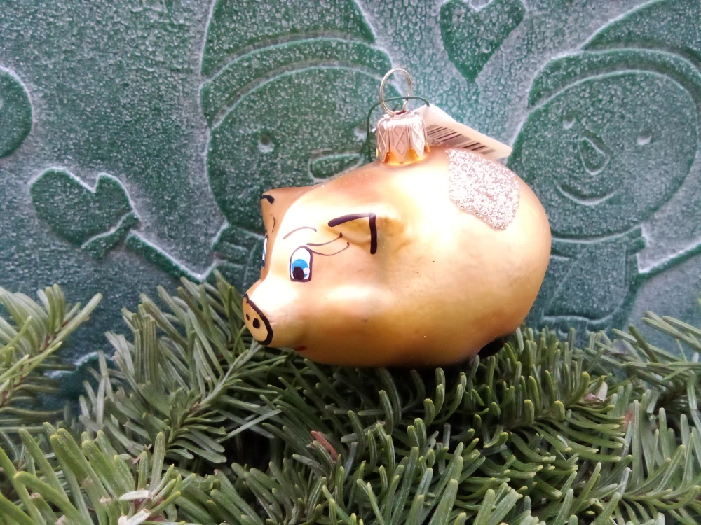 Vánoční baňka skleněná zlaté prasátko 7cm
