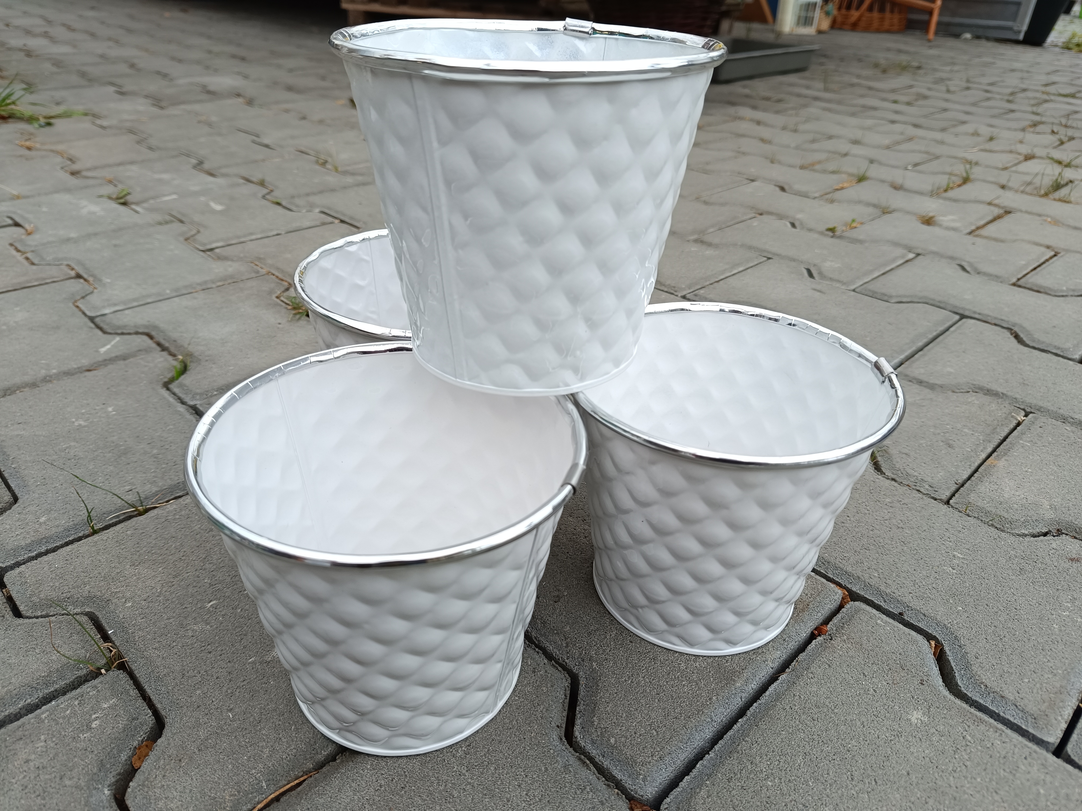Obal na květináč plech bílý 14cm kulatý se vzorem