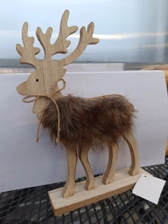 Vánoční dekorace - Sob dřevěný s hnědou  srsti  - 25cm