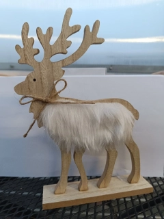Vánoční dekorace - Sob dřevěný s bílou  srsti  - 25cm